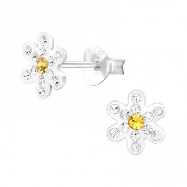 Daisy Flower with crystals - 925 Sterling Silver Ear Studs With Stones A4S46592