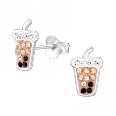 Bubble Tea with Crystals - 925 Sterling Silver Ear Studs With Stones A4S46603