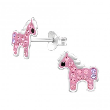 Pink Horse with Crystals - 925 Sterling Silver Ear Studs With Stones A4S46604