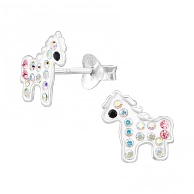 Horse with Crystals - 925 Sterling Silver Ear Studs With Stones A4S46605