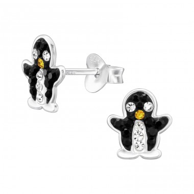 Penguin with Crystals - 925 Sterling Silver Ear Studs With Stones A4S46606