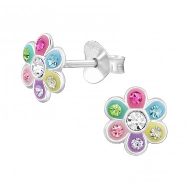 Multicolor Flower with crystals - 925 Sterling Silver Ear Studs With Stones A4S46620