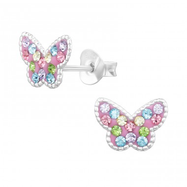 Butterfly with colorful crystalls - 925 Sterling Silver Ear Studs With Stones A4S47323