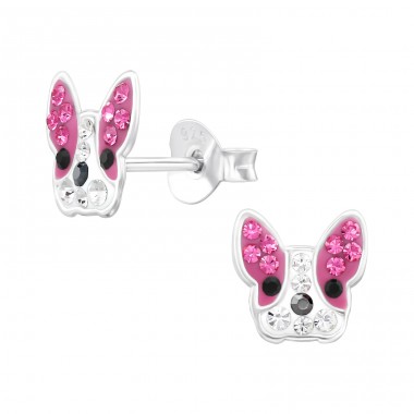 French Bulldog with Crystals - 925 Sterling Silver Ear Studs With Stones A4S47324