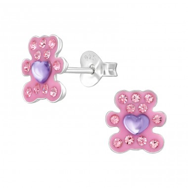 Pink Teddy Bear - 925 Sterling Silver Ear Studs With Stones A4S47326