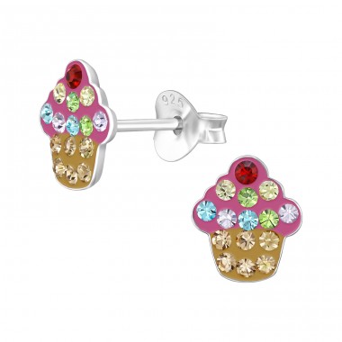 Cupcake with colorful crystals - 925 Sterling Silver Ear Studs With Stones A4S47663