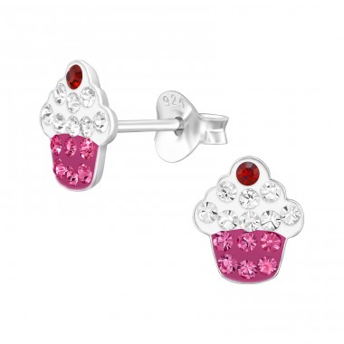 Cupcake with crystals - 925 Sterling Silver Ear Studs With Stones A4S47664