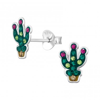 Cactus with Crystals - 925 Sterling Silver Ear Studs With Stones A4S47833