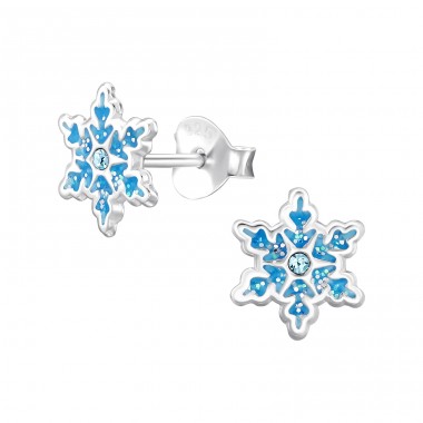 Snowflake with Crystal - 925 Sterling Silver Ear Studs With Stones A4S47864