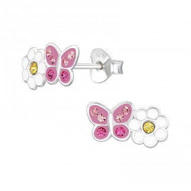 Butterfly And Daisy - 925 Sterling Silver Ear studs with stones A4S47898