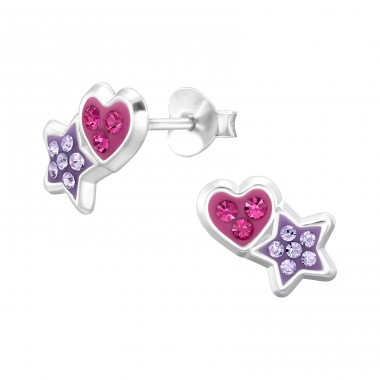 Hearts And Star - 925 Sterling Silver Ear studs with stones A4S47899