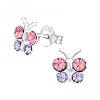 Butterfly with Colorful Crystals - 925 Sterling Silver Ear Studs With Stones A4S48139