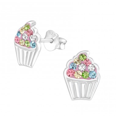 Cupcake with crystals - 925 Sterling Silver Ear Studs With Stones A4S48141