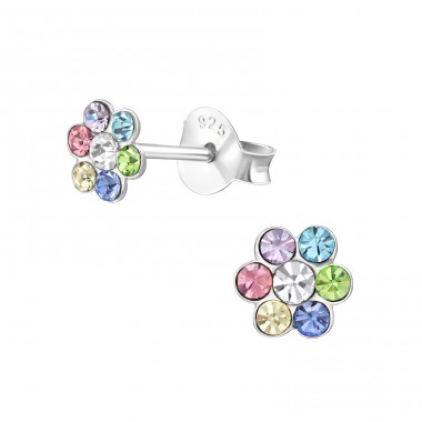 Flower with colorful crystals - 925 Sterling Silver Ear Studs With Stones A4S48147