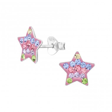 Star with Crystals - 925 Sterling Silver Ear Studs With Stones A4S48153