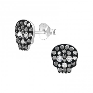 Skull with crystals - 925 Sterling Silver Ear Studs With Stones A4S48293