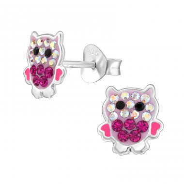 Owl  with Crystals  - 925 Sterling Silver Ear Studs With Stones A4S48441