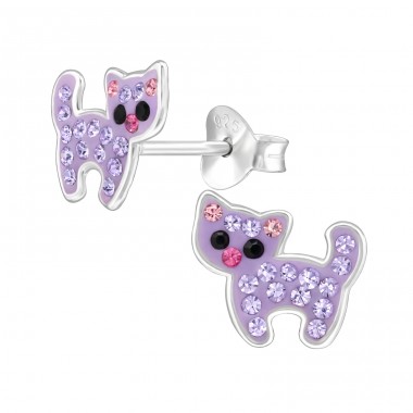 Cat purple with crystals - 925 Sterling Silver Ear Studs With Stones A4S48442