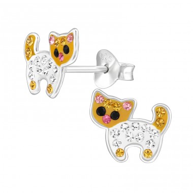 Cat with Stones - 925 Sterling Silver Ear Studs With Stones A4S48443