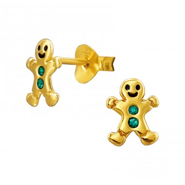 Golden Gingerbread Man with Crystals - 925 Sterling Silver Ear Studs With Stones A4S49167