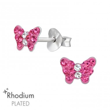 Butterfly rhodium plated with Crystals - 925 Sterling Silver Ear Studs With Stones A4S49173