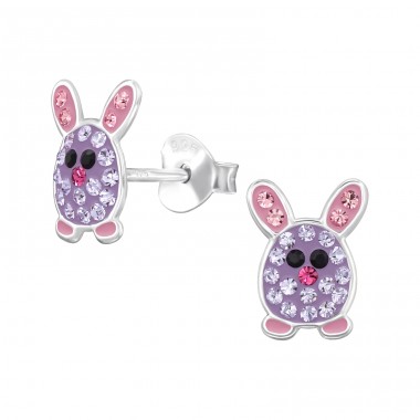 Rabbit with Crystal - 925 Sterling Silver Ear Studs With Stones A4S49229