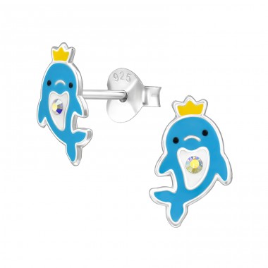 Dolphin with crystals - 925 Sterling Silver Ear Studs With Stones A4S49237