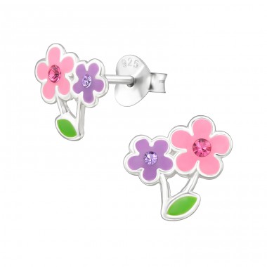 Flowers with Zirconia - 925 Sterling Silver Ear Studs With Stones A4S49240