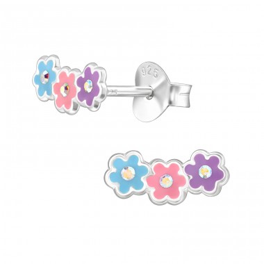 Flowers with Crystals - 925 Sterling Silver Ear Studs With Stones A4S49241