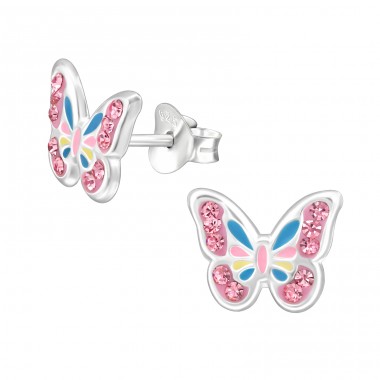 Butterfly with Crystals - 925 Sterling Silver Ear Studs With Stones A4S49395