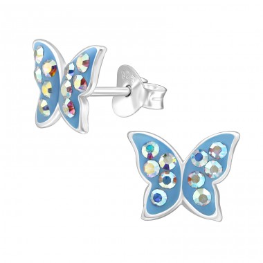 Butterfly with Crystals - 925 Sterling Silver Ear Studs With Stones A4S49396