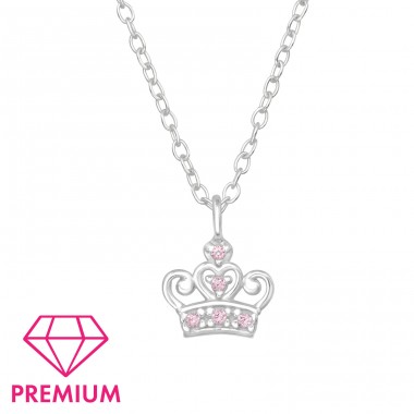 Queen Crown with pink zirconia - Premium* - 925 Sterling Silver Necklaces With Silver Chains A4S46006