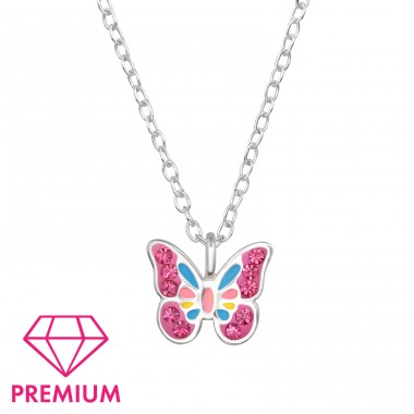 Schmetterling mit farbigen Kristallen - Premium* - 925Er Silber Halsketten Für Kinder A4S48384