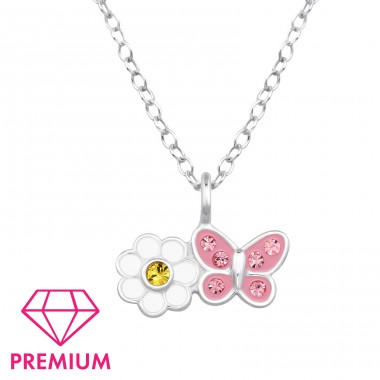 Gänseblümchenblume Mit Schmetterling - Premium* - 925Er Silber Halsketten Für Kinder A4S48773