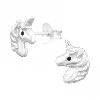 Silbernes Einhorn mit schwarzen Augen - Ohrstecker aus 925er Sterlingsilber ohne Stein A4S43524