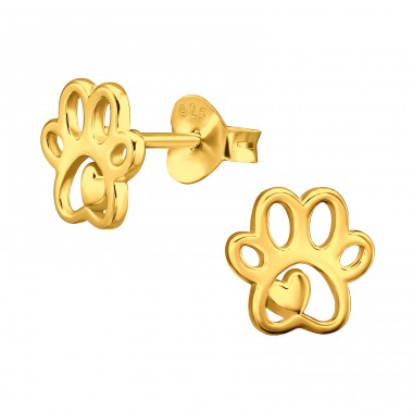 Golden Paw Print with heart - 925 Sterling Silver Ear Studs Without Stones A4S44665