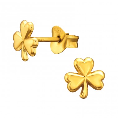 Golden three leaf Clover - 925 Sterling Silver Ear Studs Without Stones A4S45349