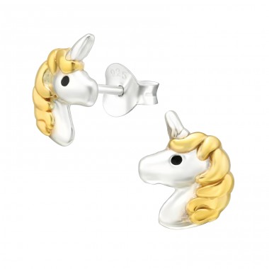 Two tone Unicorn - 925 Sterling Silver Ear Studs Without Stones A4S45921