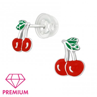 Cherry - Premium - 925 Sterling Silver Ear Studs With Enamel Colors A4S39481