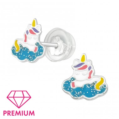 Unicorn with glitter - Premium - 925 Sterling Silver Ear Studs With Enamel Colors A4S39743