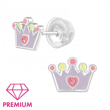 Purple & pink crystal crown - Premium - 925 Sterling Silver Ear Studs With Enamel Colors A4S39745