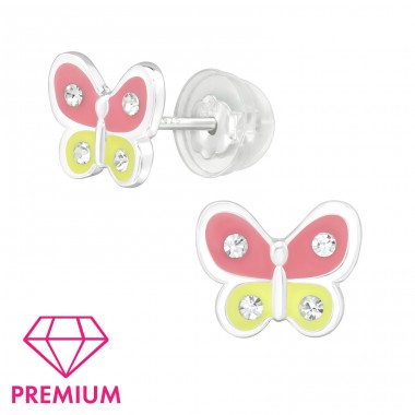 Pink and yellow Butterfly - Premium - 925 Sterling Silver Ear Studs With Enamel Colors A4S39756