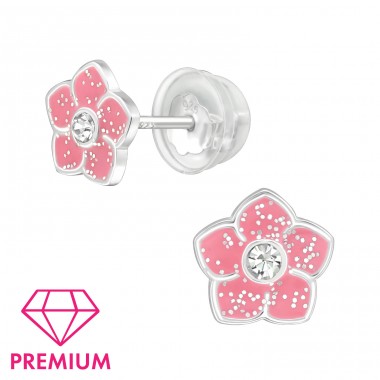 Flower with glitter - Premium - 925 Sterling Silver Ear Studs With Enamel Colors A4S39761