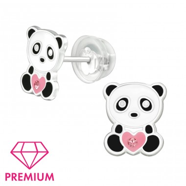 Panda holding a pink heart - Premium - 925 Sterling Silver Ear Studs With Enamel Colors A4S39763