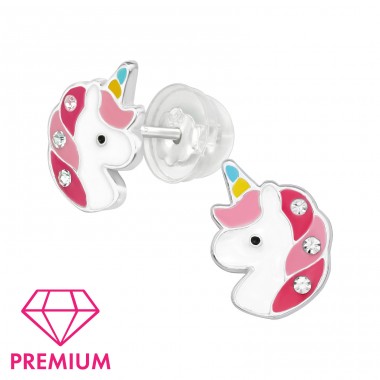 Unicorn with crystals - Premium - 925 Sterling Silver Ear Studs With Enamel Colors A4S39765