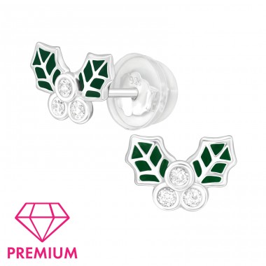 Holly Leaves - Premium - 925 Sterling Silver Ear Studs With Stones A4S40389