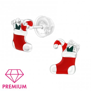 Christmas Socks - Premium - 925 Sterling Silver Ear Studs With Enamel Colors A4S40394