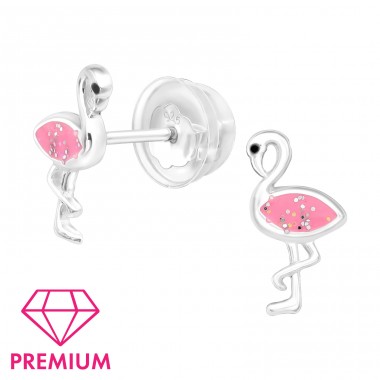 Flamingo with pink glitter - Premium* - 925 Sterling Silver Ear Studs With Enamel Colors A4S43543