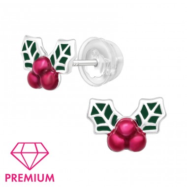 Holly Leaf for Christmas - Premium* - 925 Sterling Silver Ear Studs With Enamel Colors A4S43626