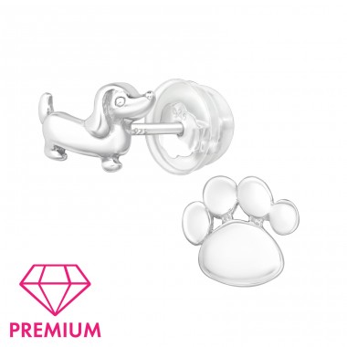 Mismatch Dog & Paw Print - Premium* - 925 Sterling Silver Ear Studs Without Stones A4S44928